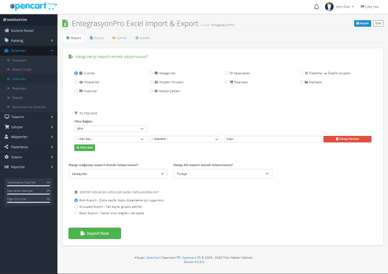OpenCart Excel Import Export Modülü ekran görüntüsü 1