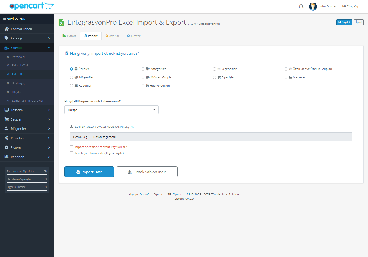 OpenCart Excel Import Export Modülü ekran görüntüsü 2