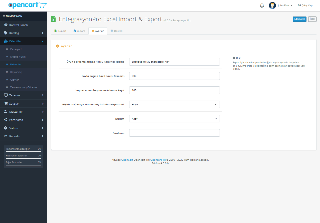 OpenCart Excel Import Export Modülü ekran görüntüsü 3