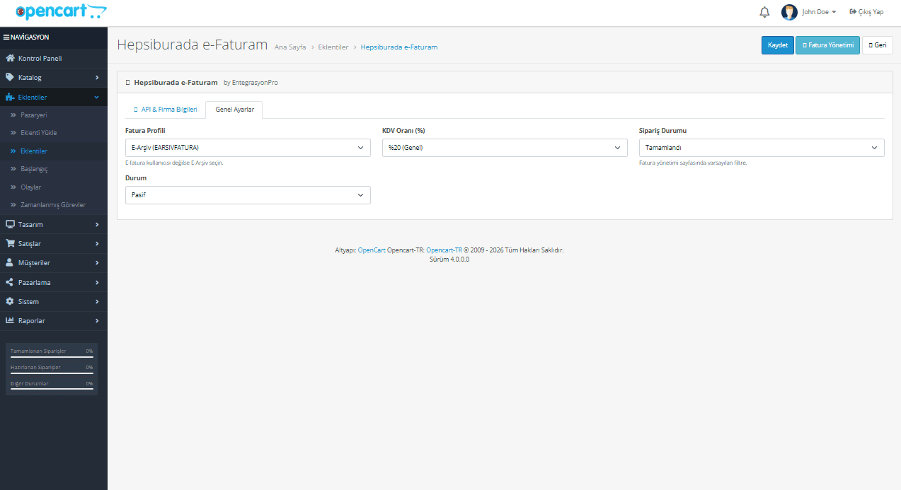 Hepsiburada e-Fatura OpenCart Eklentisi ekran görüntüsü 2