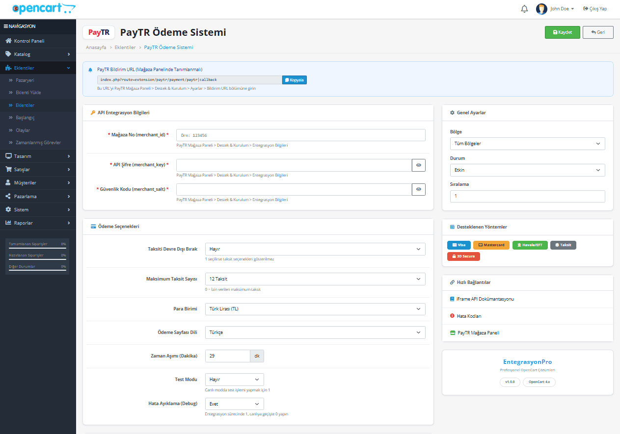 PayTR OpenCart Ödeme Modülü ekran görüntüsü 1