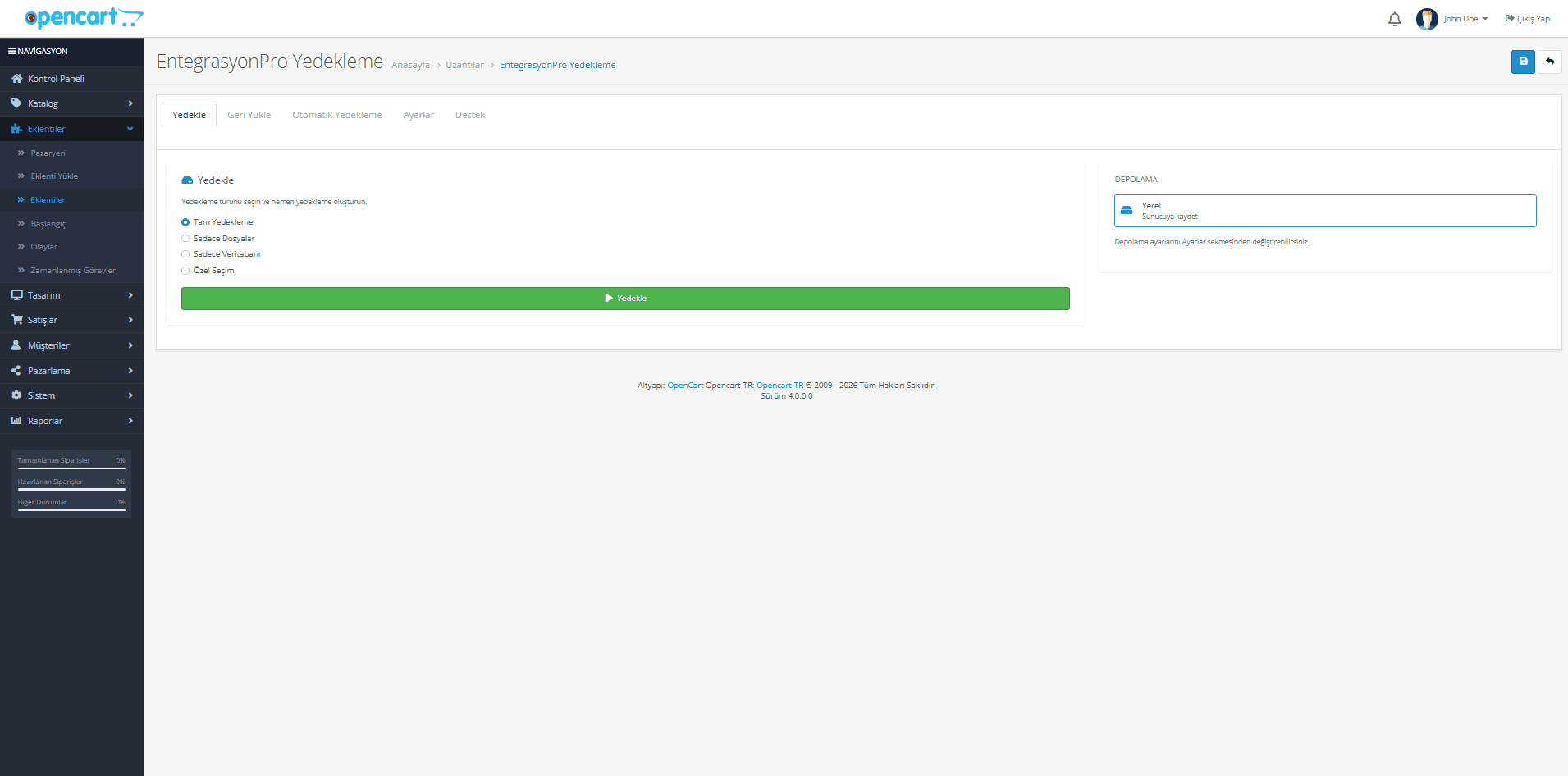OpenCart Yedekleme Modülü ekran görüntüsü 1