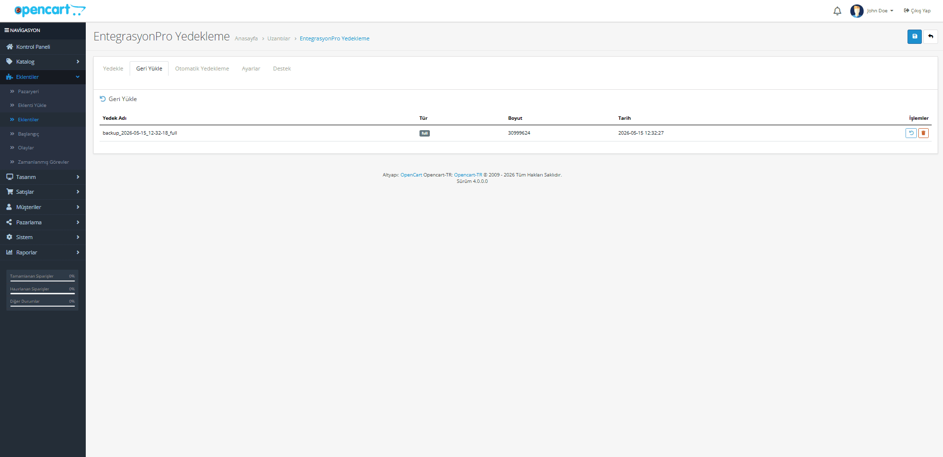 OpenCart Yedekleme Modülü ekran görüntüsü 2