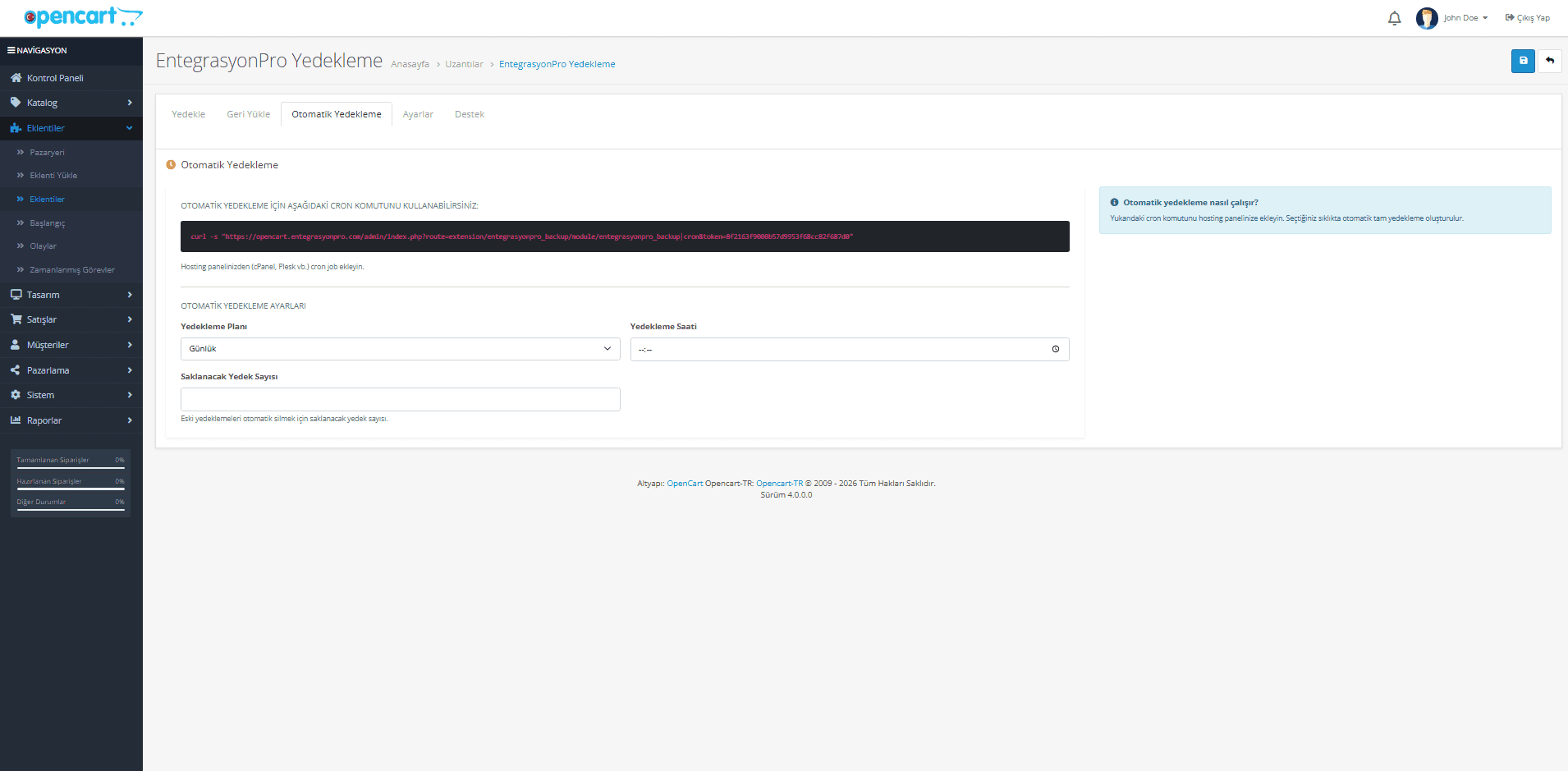 OpenCart Yedekleme Modülü ekran görüntüsü 3