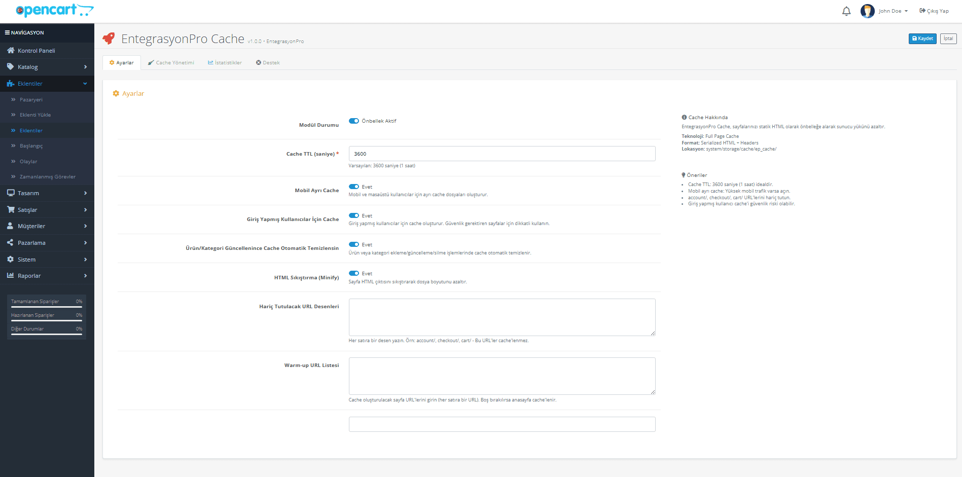 OpenCart Cache ve Performans Modülü ekran görüntüsü 1