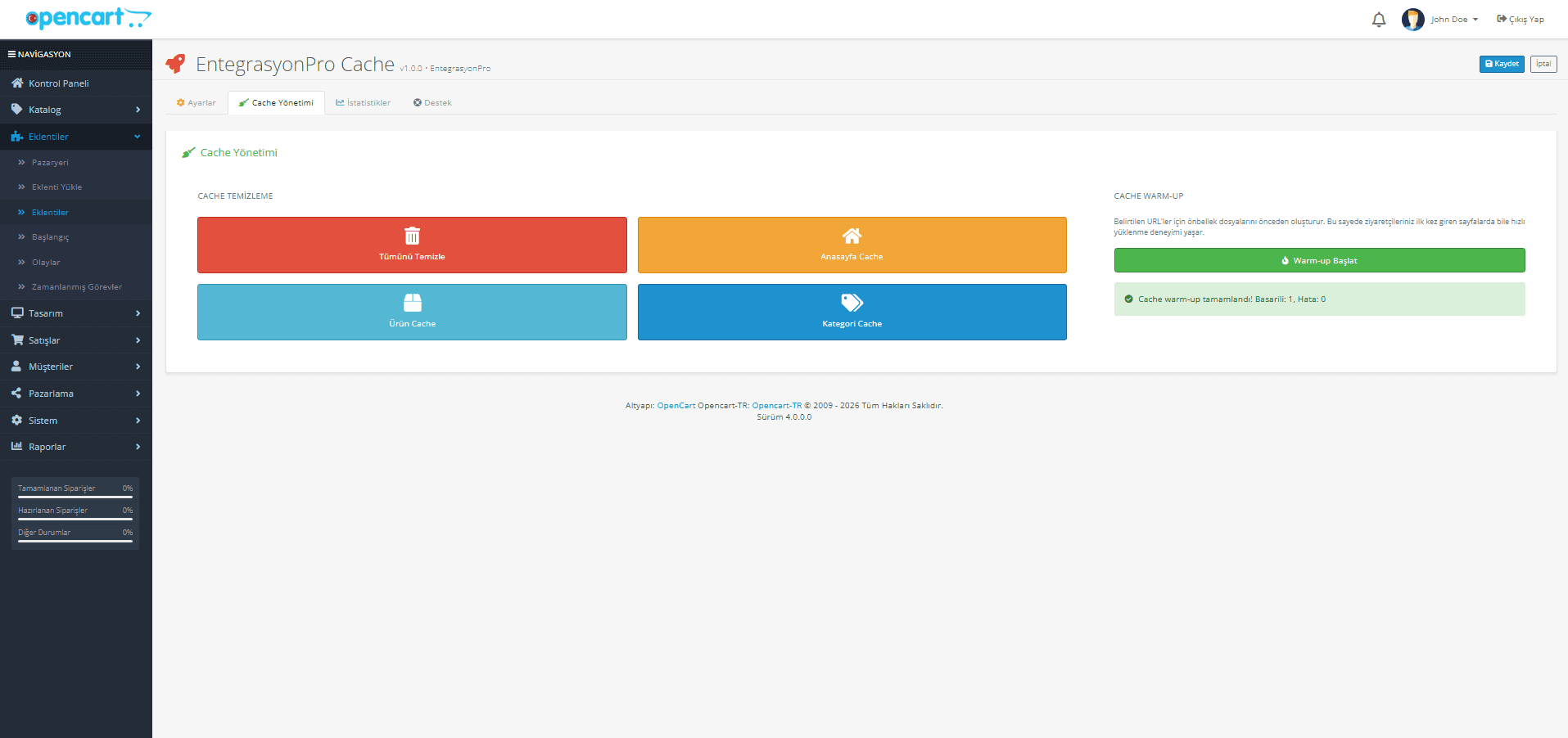OpenCart Cache ve Performans Modülü ekran görüntüsü 2