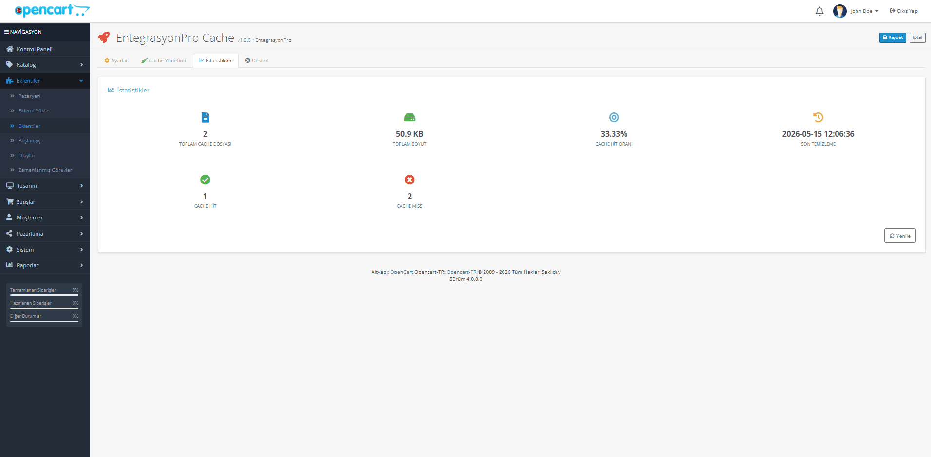 OpenCart Cache ve Performans Modülü ekran görüntüsü 3