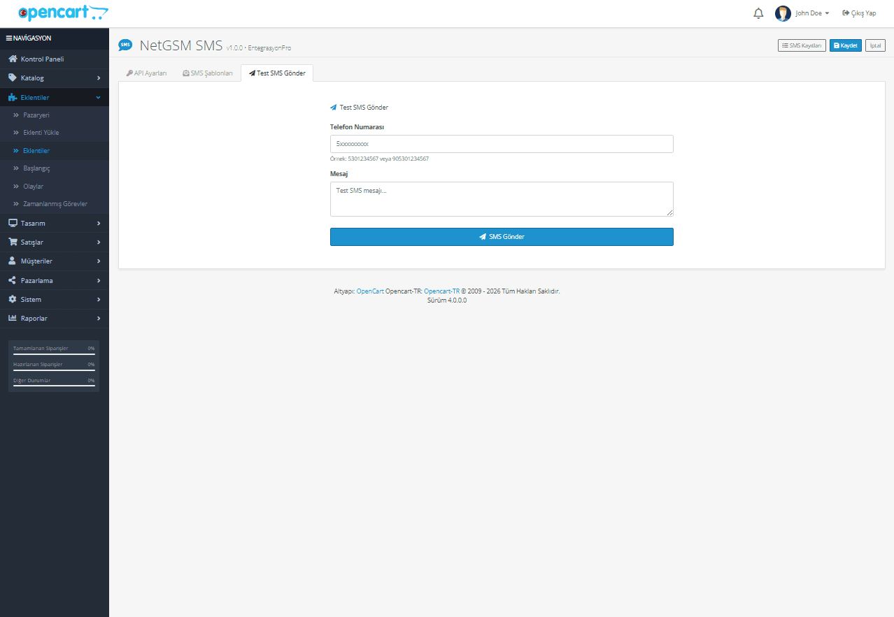 NetGSM SMS OpenCart Entegrasyonu ekran görüntüsü 3
